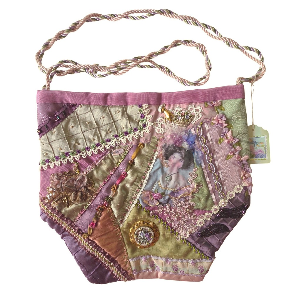 Handmade Crazy Quilt‎ Purse Womens Medium Pink Beaded Flower Victorian Art Bag